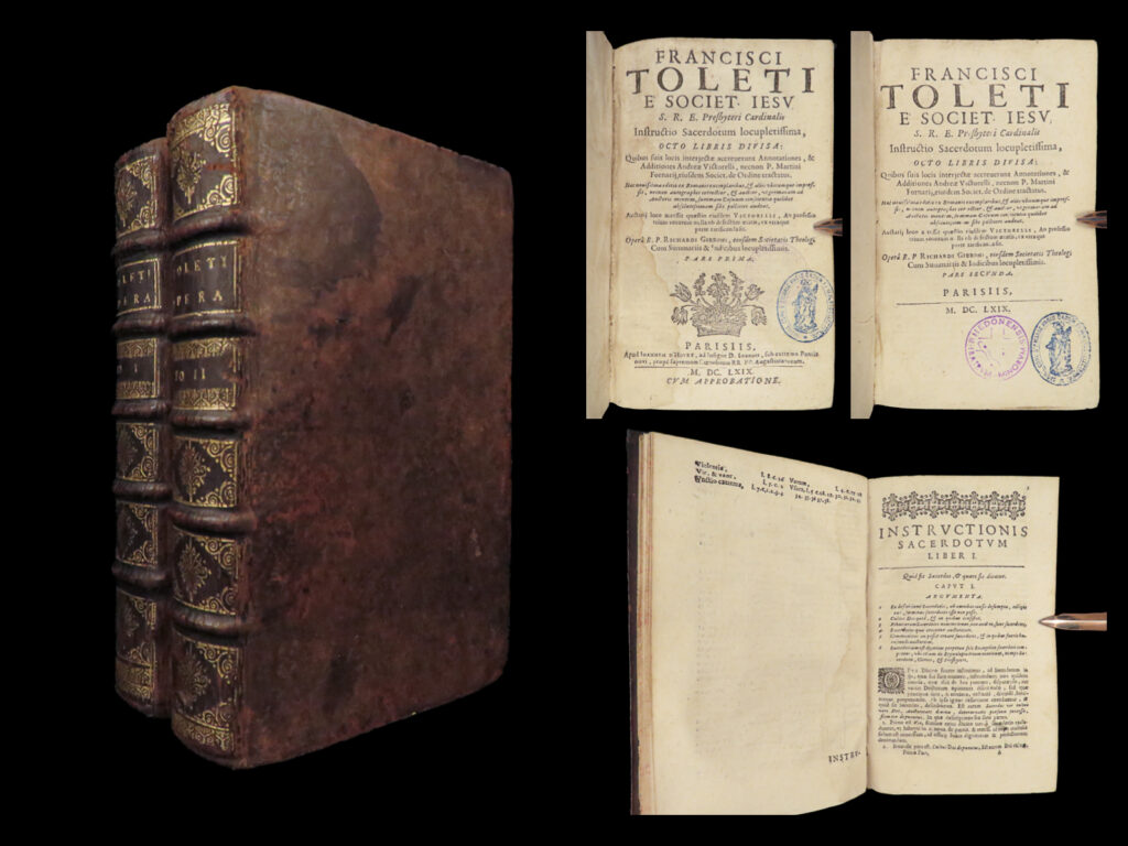 1669 francisco toledo spanish jesuit sacerdotum catholic priest gift vittorelli | francisco of toledo was a 16<sup>th</sup>-century spanish jesuit priest known for his works on philosophy and exegetical theology. However, one of his most important works was his “<em>instructione sacerdotum</em>” – a training manual for priests and church fathers. This 1669 paris edition included notes and commentary of richard gibbons and andrea vittorelli.