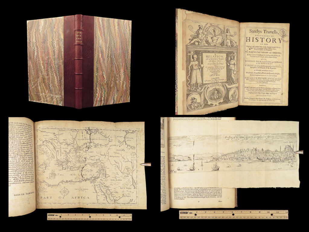 1670 travels of george sandys turkey constantinople holy land maps cyprus malta | george sandys was a 16<sup>th</sup>- and early 17<sup>th</sup>-century traveler who spent time in italy, turkey, and palestine. “sandys travelled to the levant in 1610, spending a year in turkey, palestine and egypt. His observations first appeared in 1615 and his text was soon regarded as a special authority on the levant. Sandys was also interested in colonial promotion and was one of the undertakers of the third charter of the virginia company in 1611. ” (blackmer 297)   this work also describes the islands of cyprus, crete, malta, sicily, and the aeolians; as well as rome, naples, venice, syracuse, and a good description of jews in jerusalem according to the stc, these travels were, “written a pleasant style, and are distinguished by erudition, sagacity and love of truth. ”