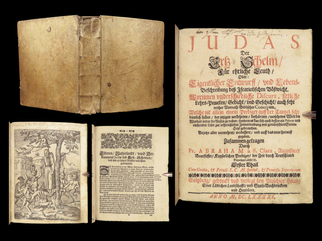 1691 german monsters satanic rituals judas demons dragons abraham sancta clara | abraham a sancta clara was a 17<sup>th</sup>-century german clergyman known for his eccentric augustinian views. His sermons were popular, not only because of content, but because he was known to be entertaining and satirical in his delivery. His main book, “<em>judas der ertz-schelm</em>” is a german personal devotional which discusses moral doctrines, as well as bible history and ecclesiastical poetry, focusing on judas iscariot and his betrayal of jesus christ.   this title was extensively used by adolf hitler and the nazi regime as a supplement to their foundational philosophies.
