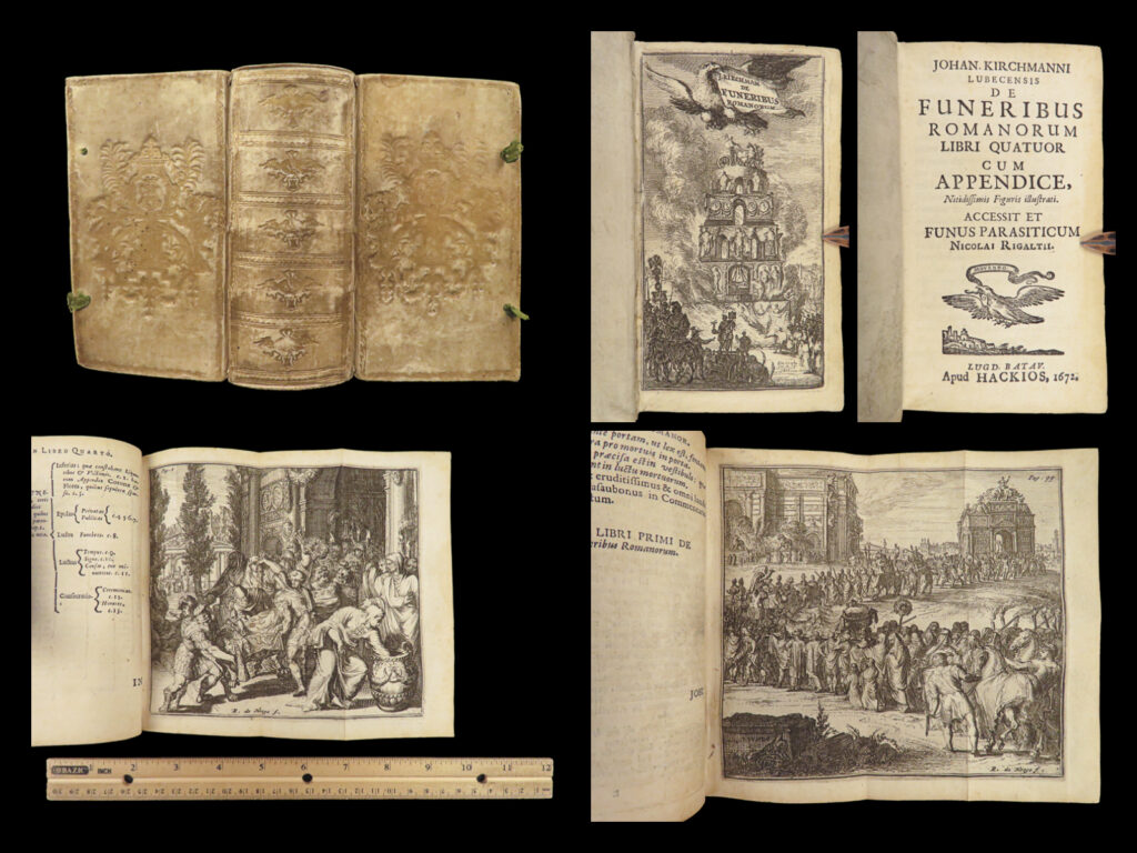 1672 ancient rome funerals 1ed ceremonies customs hooghe art kirchmann funeribus | an absolutely incredibly 17<sup>th</sup>-century printing of the funeral rites, traditions, and customs of ancient rome!   written by johann kirchmann, this book describes the ancient practices of funeral services, body preparation, marches and processionals. It even includes specifics from those of notable roman officials such as diocletian, hadrian, and maximian.   this 1672 first edition was edited by nicolai rigaltii and includes the <strong><u>fascinating artwork of romeyn de hooghe</u></strong>, a dutch artist of great acclaim.