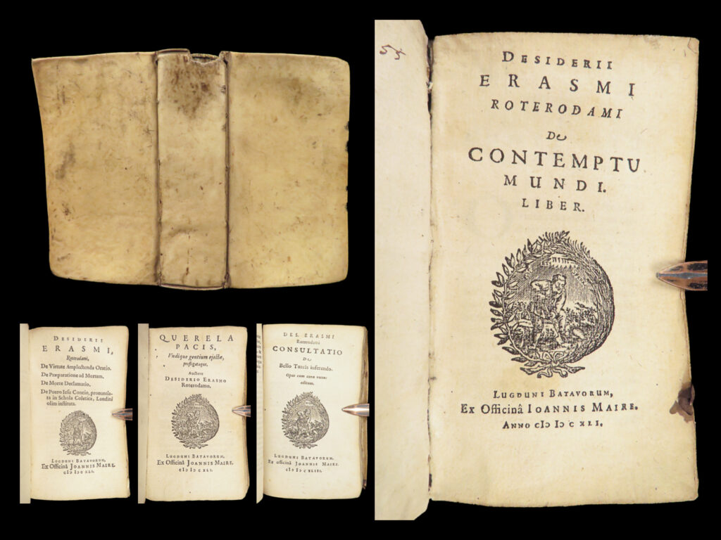 1641 erasmus 1ed contemptu mundi humanism peace vs war praise of medicine 4in1 |   the “<em>de contemptu mundi</em>” was a well-known and iconic genre of apologetic literature throughout history, seeing its most frequent examples in the middle ages. Authors such as petrarch, bernard de cluny, and pope innocent iii all wrote separate examples of “<em>contemptu mundi</em>” in which they expressed a strong rejection of the world, the materialistic nature of the world, and expressed the need for christian values.   erasmus of rotterdam wrote his own version of a “<em>contemptu mundi</em>” which was likely first published in the 1521. This work, however, incorporated much of erasmus’s humanist ideals rather than focusing solely on asceticism.   this 1641 printing of the works of erasmus includes not only “<em>contemptu</em>”, but also other notable works such as <ul> <li>“querela pacis” – erasmus’s plea for peace during a time of war in europe, critiques of war and hypocrisy</li> <li>“de virtute amplectenda oratio” – treatise extoling the value of a moral life</li> <li>“morte declamatio” – erasmus’s praise of medicine, celebrating physicians, and exploring morality with relation to health. </li> </ul>  