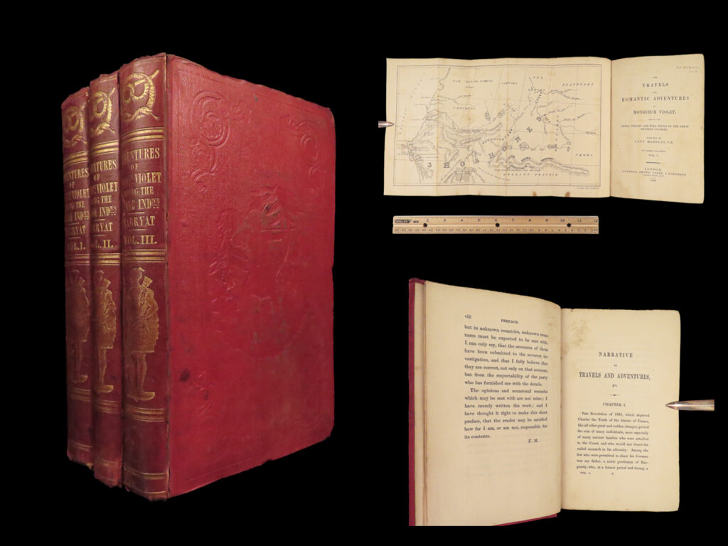 1843 california 1ed marryat voyages violet mexico snake indians santa fe texas | <em>“it is just six of one and a half a dozen of the other. ”</em> <em>– </em>frederick marryat, <em>the pirate</em> <em> </em> frederick marryat came by his marine knowledge firsthand, having been an english royal navy officer. A contemporary and acquaintance of charles dickens, he is remembered today as an early pioneer of the sea story. One of his best works was his “<em>travels of monsieur violet in california</em>” – an adventure story describing voyages in sonoma to western texas. Marryat gained much of his understanding of southwest united states from articles included in the “texas santa fe expedition” and the raines texas bibliography.   nevertheless, this work is an exciting adventure story that thoroughly describes interactions with native american indian tribes, mexicans, and american settlers.