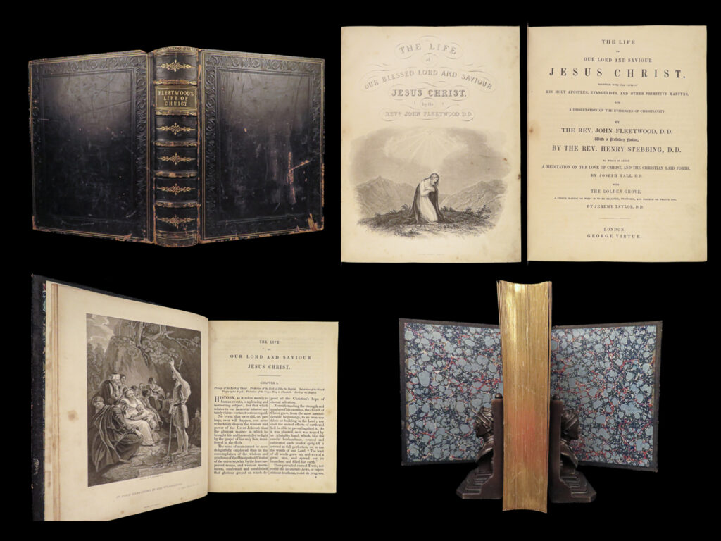 1860 life of jesus christ bible art fleetwood miracles jews resurrection beauty | <em> </em> <em>“no event that ever did, or perhaps will happen, can more remarkably display the wisdom and power of the great jehovah, than the glorious manner in which he brought life and immortality to light, by the gospel of his son, manifested in the flesh. ” </em> <em>­</em>– fleetwood, <em>life of jesus christ</em> <em> </em> a rare 19<sup>th</sup>-century example of john fleetwood’s famous book on the life of jesus. This book uses biblical passages as a basis for this ‘biography’ of the life of jesus christ. Fleetwood covers the birth of jesus, the angelic visitation to mary, decree of taxation and the massacre of infants, jesus’s baptism, first miracles, temptation in the desert, calling of disciples, jesus curing leprosy and palsy, and the trial, crucifixion, and resurrection. <em> </em> other important topics include: <ul> <li>establishment and differences in sects of the jews</li> <li>demolition of temple of jerusalem</li> <li>leprosy found in samaria</li> <li>details of the jewish council, sanhedrin</li> <li>short biographies / lives of the apostles of jesus</li> </ul>