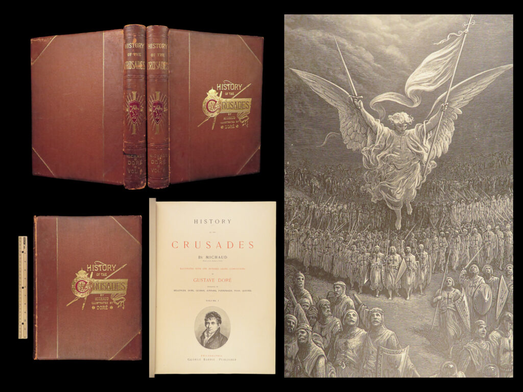 1880 history of crusades 1st ed michaud holy wars jerusalem dore art illustrated | a rare, 19<sup>th</sup>-century printing of joseph-françois michaud’s “<em>history of the crusades</em>”. Michaud’s principal work discusses the beginning of the crusades through the council of clermont. It covers the departure of crusaders after the council of nicee, the siege of antioch, election of godefroy, battle of ascalon, reign of baudouin ii, conquests of saladin, and the events designed to protect jerusalem from a fall.   this very rare 1880 <strong><u>first english printing</u></strong> of michaud’s masterpiece is noticeably more desirable that other editions. Not only does this work feature the artwork of gustave doré, it is also an impressive set of <u>two enormous tomes</u>!