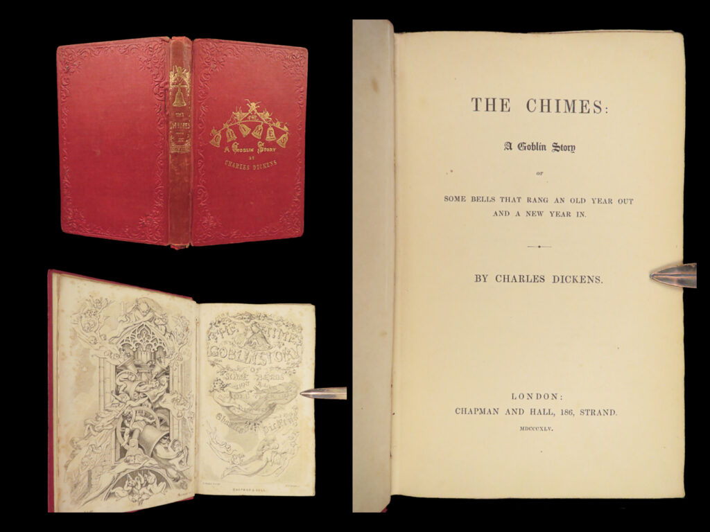 1845 charles dickens 1ed the chimes christmas books classic literature goblins | “<em>that i growed up a man and not a beast says something for me. ”</em> – charles dickens, <em>the chimes</em>   “<em>the chimes</em>”, a short novel by charles dickens, was written and published in 1844, one year after “<em>a christmas carol</em>” and one year before “<em>the cricket on the hearth</em>”. It is the second in his series of "christmas books": five short books with strong social and moral messages that he published during the 1840s.   this first edition of “<em>the chimes</em>” is bound in the original red cloth binding with a golden gilt inlay. It features a bizarre double page frontispiece with goblins. It also includes 13 engraved illustrations throughout.