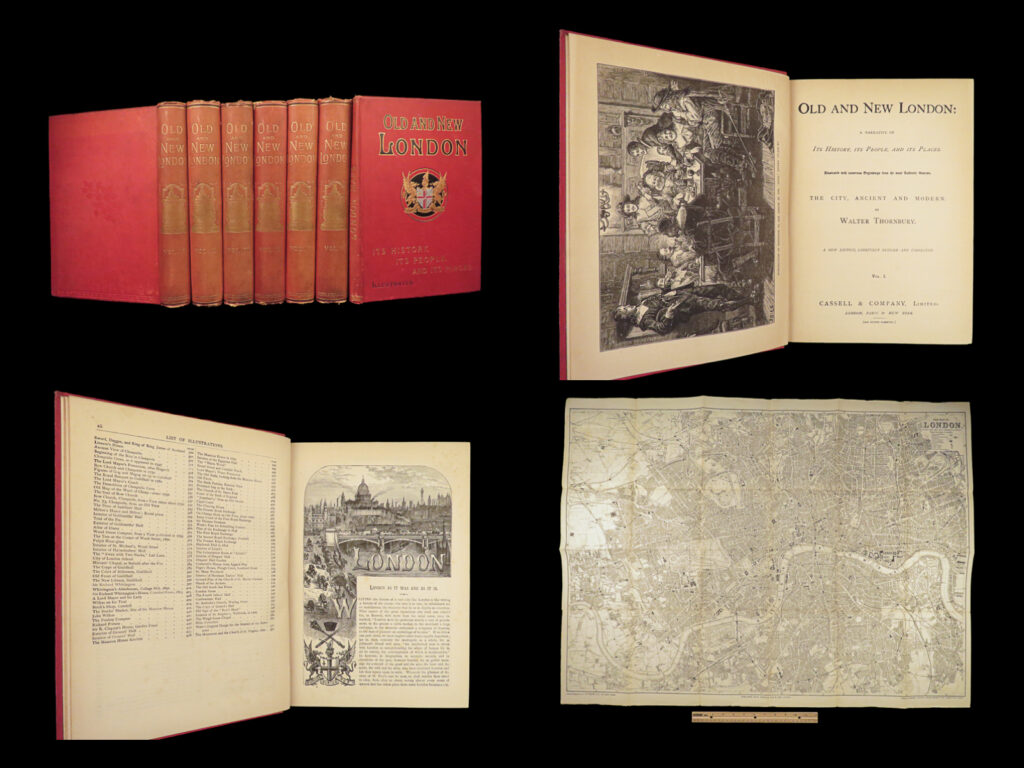 1879 london british history huge maps walford thornbury suburbs illustrated | edward walford was a british magazine editor best known for his book series “<em>old and new london,</em>” of which the first two were written by walter thornbury. “<em>old and new london</em>” is a one of the best victorian illustrated histories of london. Walford and thornbury include information on the inner city of london, westminster, western suburbs, hampstead and edmonton suburbs in the north, and suburbs in the south as far as clapham.   this 1879 edition is filled with a myriad of black and white illustrated engravings throughout! It should be noted that this example features the rarely included atlas tome – a <strong><u>volume with 3 enormous folding maps! </u></strong>