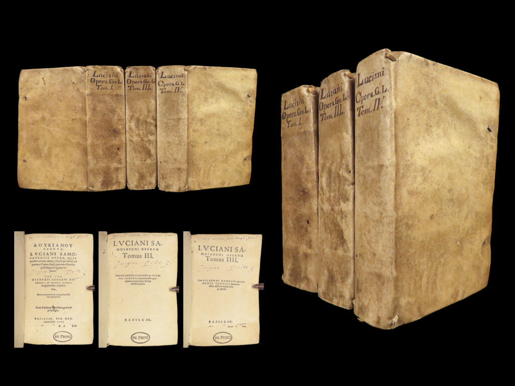 1563 greek works of lucian of samosata satire erasmus 3v holy league provenance |   gilbert cognatus nozerenus, better known today as gilbert cousin, was a 16<sup>th</sup>-century humanist and greek translator. He was a <u>student of erasmus</u> of rotterdam, with whom he kept close ties throughout his career, certainly influencing cousin’s translations and commentaries. He translated works of plutarch, aristotle, and xenophon, as well as the satirical works of lucian of samosata.   lucian of samosata was a 2<sup>nd</sup>-century greek satirist who wrote a variety of works including comedies, dialogues, essays, and commentaries. He discusses mythological figures such as hercules, achilles, zeus, timon of athens, hermes, and others.   this 1563 edition of cousin’s “<em>lucian</em>” was published in basel by sebastian henri petri, bound in three original-vellum tomes.