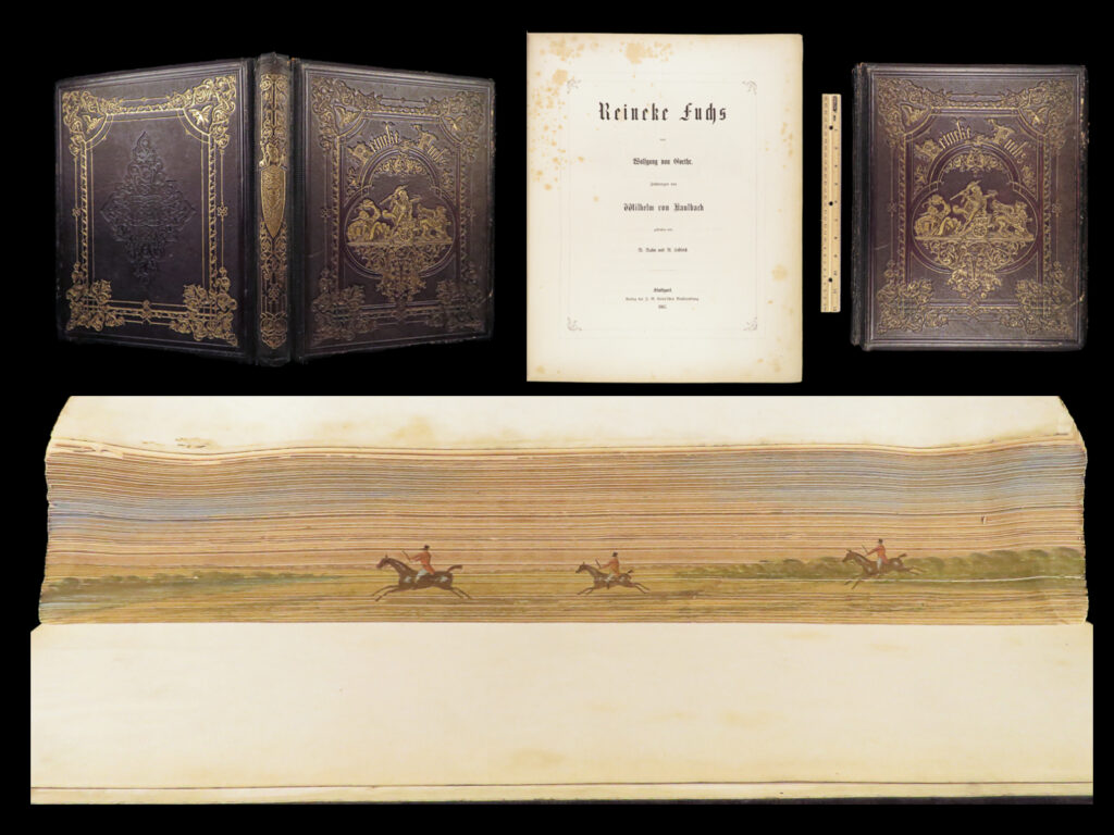 1867 reynard the fox goethe reineke fuchs fable secret fore-edge painting folio | reynard the fox has been a staple of fairy tale lore for centuries, with many countries, such as german, france, and other low countries, claiming the honor of his ‘birth-place. ’ told as a brute-epic, this tale of cunning mischief was finally written and printed during the late 15<sup>th</sup>- and early 16<sup>th</sup>-centuries. In fact, some scholars believe the origins of reynard to have come from the 9<sup>th</sup>-century!   johann wolfgang von goethe was a famous german author who is best known for his novels and epic poems such as ‘<em>sorrows of young werther</em>’ and ‘<em>faust’</em>. One of his less-popular works, curiously, was his edition of the famous fable ‘<em>reynard the fox</em>’.   this particular example is of the utmost value and desirability. While it is a fine, illustrated printing of ‘<em>reynard’</em>, the <strong><u>impressive fore-edge painting of a fox-hunting scene</u></strong>.