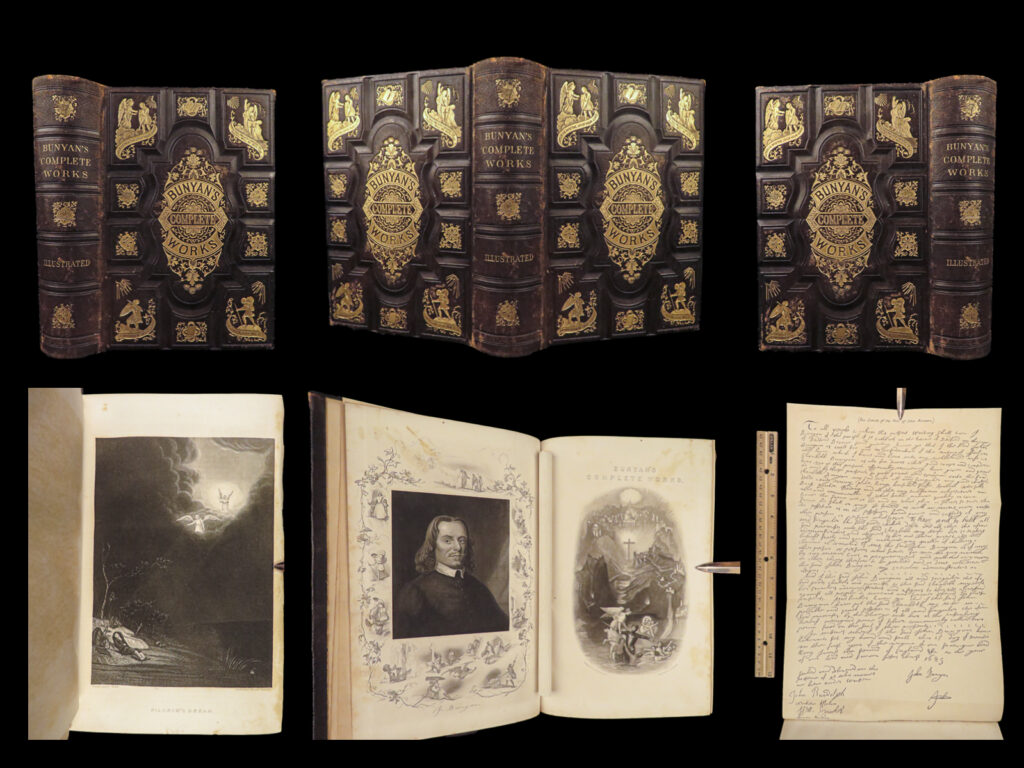 1873 beautiful john bunyan illustrated pilgrims progress mr badman binding | a beautiful edition of ‘<em>the complete works of john bunyan’</em>. This work includes his famous works such as <ul> <li>‘pilgrim’s progress’</li> <li>‘grace abounding to the chief of sinners’</li> <li>‘solomon’s temple spiritualized’</li> <li>‘jerusalem sinner saved’</li> <li>‘life and death of mr. Badman’</li> <li>‘the strait gait’</li> <li>many, many more</li> </ul>   this impressively bound 1873 edition features and introduction by john gulliver and 17 engraved plates by a. B. Walter displaying allegorical figures and scenes from bunyan’s works.