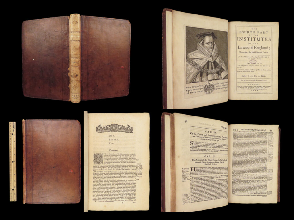 1669 edward coke law commentary on institutes of england folio with provenance | <em>“corporations cannot commit treason, nor be outlawed, nor excommunicate, for they have no souls. ”</em> – edward coke   <strong><u>the foundational work on english common law! </u></strong> <em> </em> edward coke is one of england’s most prolific legal reporters, known for his reports on the gunpowder plot, judicial rulings, and influences on the u. S. Constitutional amendments. One of his most important works was ‘<em>institutes of the laws of england</em>’, a collection of legal treatises which is known to be one of the foundational documents on common law.