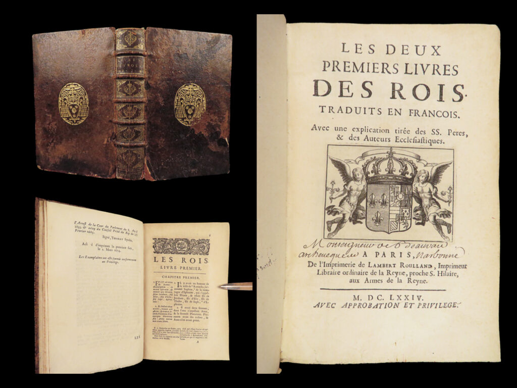 1674 french latin bible 1 & 2 kings old testament royal arms narbonne archbishop | a rare, 17<sup>th</sup>-century french printing of the old testament books of 1 and 2 kings.   this rare 1674 edition was likely translated by louis de sacy and includes a latin translation in parallel as well as commentary on each chapter.   this fine binding features royal arms on the front cover as well as on the title page – an incredibly rare printing that does not appear in any oclc bibliography. It includes a handwritten provenance claiming archbishop of narbonne.