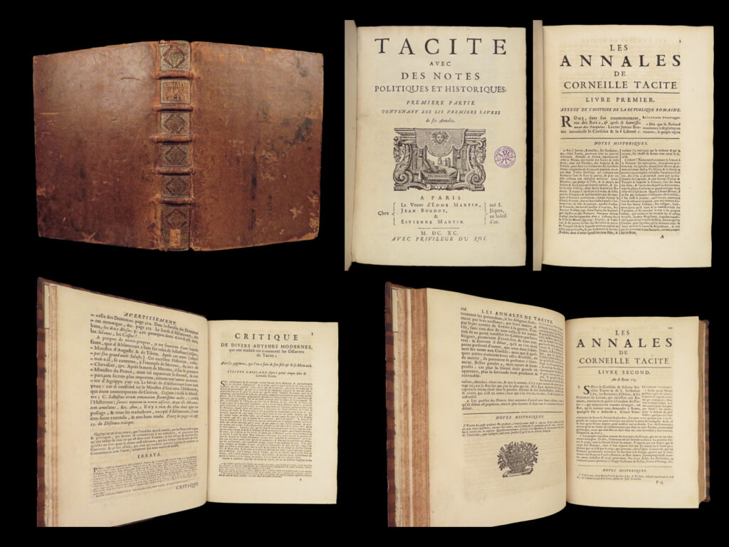 1690 tacitus annals histories roman empire nero caligula rome french rare | <em>“the more corrupt the state, the more numerous the laws. ” </em> ― tacitus,<em> the annals</em>   cornelius tacitus was a 1<sup>st</sup>-century roman historian who is now remembered for his two major works – ‘<em>annals’</em> and ‘<em>histories’</em> – in which he examines the lives and political careers of important roman emperors such as tiberius, nero, and claudius. By many accounts, tacitus is considered the greatest roman historian, not only by the accuracy of his content, but through demonstrating the psychological nature of ancient roman politics.   ‘<em>histories’</em> is one of the first written accounts to discuss the great jewish revolt, an account that openly records combative attitudes between jews and other cultures. ‘<em>annals’</em> was tacitus’s final work and covers the era following the death of caesar augustus, including the reigns of claudius, caligula, and nero. It is also <strong><u>the earliest known secular history to mention jesus christ</u></strong> in which tacitus connects nero to the persecution of early christians.   this 1690 french edition is extremely rare; translated by nicolas perrot d’ablancourt.