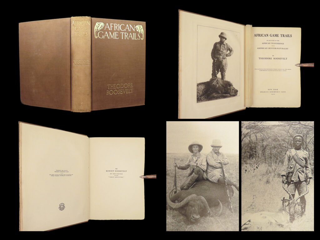 1910 theodore roosevelt 1st ed african game trails illustrated hunting sporting | <em>“knowing what's right doesn't mean much unless you do what's right. ” </em> <em>― </em>theodore roosevelt <em> </em> the twenty-sixth president of the united states was also a world-renowned hunter, conservationist, soldier, and scholar. In 1908 he took a long safari holiday in east africa with his son kermit. Roosevelt describes the excitement of the chase, the people he met, and flora and fauna he collected in the name of science. Long out of print, this classic is one of the preeminent examples of africana and belongs on every collector's shelf. According to czech, this work is: “one of the most famous of all big game hunting epics. In british east africa, roosevelt hunted lion and plains game on the kapiti plains, while, in the bondoni hill country, he collected rhinoceros and giraffe. ”   item number: #26921 price: $499