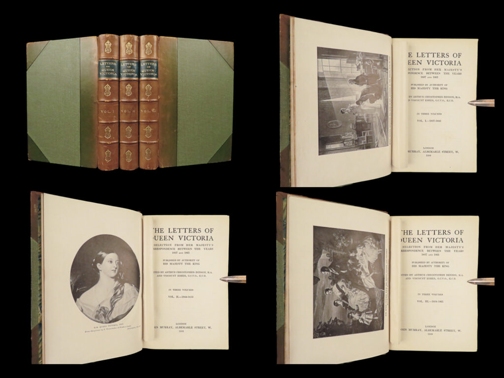1908 queen victoria 1ed letters england feminism india stunning binding 3v set |   queen victoria reigned in england through much of the 19<sup>th</sup>-century when the expansion of the british empire helped establish what is known as the victorian era. Much of victoria’s correspondence showcased her personality and views of womanhood and feminism, parenting and motherhood, and her role as monarch of england and india.   the life and letters of victoria were collected and edited by english scholars arthur benson and reginald brett of esher. This particular 1908 first edition is a beautiful, leather-bound set. A <strong>stunning display</strong>!