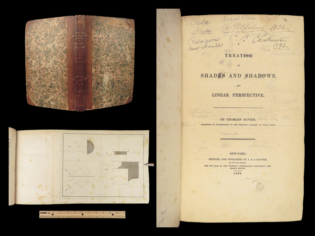 1832 architecture 1ed perspective charles davies math pyramids provenance | charles davies was an early 19<sup>th</sup>-century american mathematician known for teaching at the military academy at west point. His most important writing was his treatise on perspective, “<em>on shades and shadows and linear perspective</em>”. This book proved to be an important instructional guide on how to find and illustrated all matters of architecture including: <ul> <li>drawing tangential planes</li> <li>shading and shadowing doric columns</li> <li>on the frustum of a cone</li> <li>cylindrical abacuses</li> <li>pillars</li> <li>finding the perspectives of spheres, pyramids, circles, arches, etc. </li> </ul>   this 1832 first edition includes 20 folding plates – a must see!