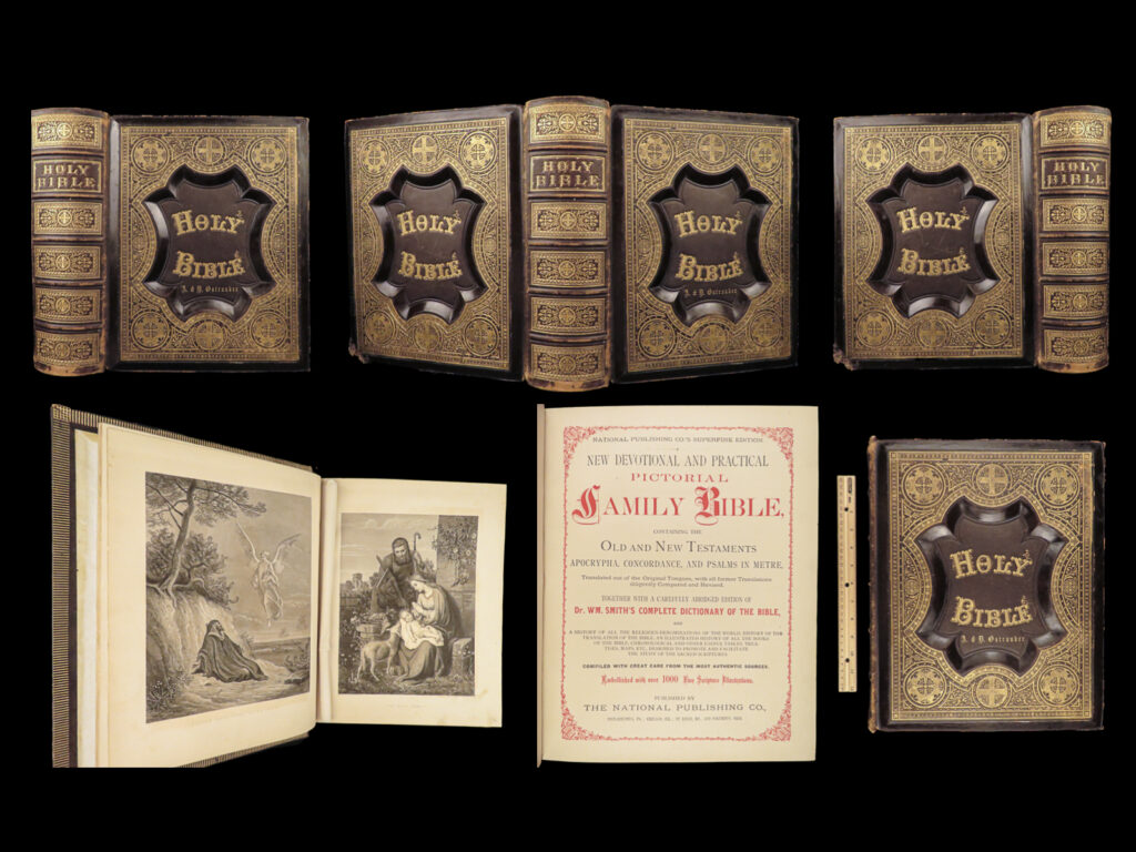 1873 huge family holy bible kjv english apocrypha exquisite 1000+ illustrations! | a beautiful, huge holy bible published in philadelphia in the late 19<sup>th</sup>-century. Ornate family bibles were quite popular in the second half of the 1800s, and this tome is a fine example of enormous, folio family bibles. This edition includes much more than just the scriptures – it features william smith’s complete bible dictionary along with <strong><u>more than 1000 illustrations of bible scenes</u></strong>!