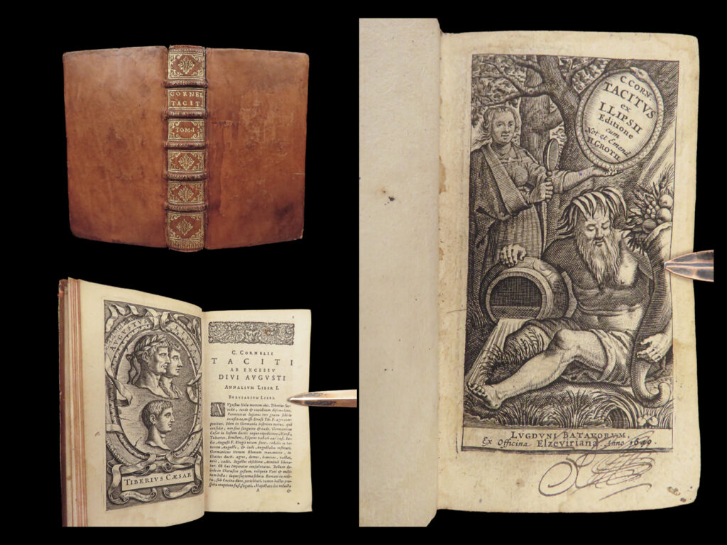 1640 tacitus 1ed annals histories roman empire nero rome justus lipsius grotius | “<em>the more corrupt the state, the more numerous the laws. </em>” ― tacitus, the annals   cornelius tacitus was a 1<sup>st</sup>-century roman historian who is now remembered for his two major works – ‘<em>annals’</em> and ‘<em>histories’</em> – in which he examines the lives and political careers of important roman emperors such as tiberius, nero, and claudius. By many accounts, tacitus is considered the greatest roman historian, not only by the accuracy of his content, but through demonstrating the psychological nature of ancient roman politics.   ‘<em>histories’</em> is one of the first written accounts to discuss the great jewish revolt, an account that openly records combative attitudes between jews and other cultures. ‘<em>annals’</em> was tacitus’s final work and covers the era following the death of caesar augustus, including the reigns of claudius, caligula, and nero. It is <strong><u>also the earliest known secular history to mention jesus christ</u></strong> in which tacitus connects nero to the persecution of early christians.   this 1640 leiden edition was edition by hugo grotius and published by elzevier who included the famed commentary of justus lipsius.