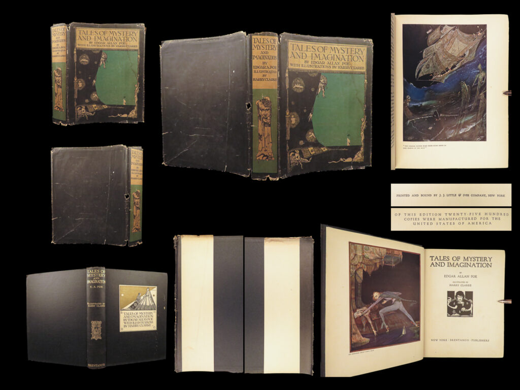 1923 edgar allen poe tales of mystery harry clarke illustrated macabre + orig dj | <em>“but as, in ethics, evil is a consequence of good, so, in fact, out of joy is sorrow born. Either the memory of past bliss is the anguish of today, or the agonies which are have their origin in the ecstasies which might have been. ” </em> <em>― </em>edgar allan poe<em>, berenice</em> <em> </em> this incredible illustrated edition of the “<em>tales of mystery</em>” by edgar allan poe includes <u>32 bizarre images and paintings by harry clarke</u> depicting horror and demise! This book, published many times during the 20<sup>th</sup>-century, features poe’s short horror stories such as berenice – a story of incest, festering diseases, violence, and other disturbing esoteric themes! There are twenty-nine tales in total including<em> "the pit and the pendulum", "the murders in the rue morgue", "the fall of the house of usher", </em>and<em> "the descent into the maelstrom. "</em>   item number: #30822 price: $7500