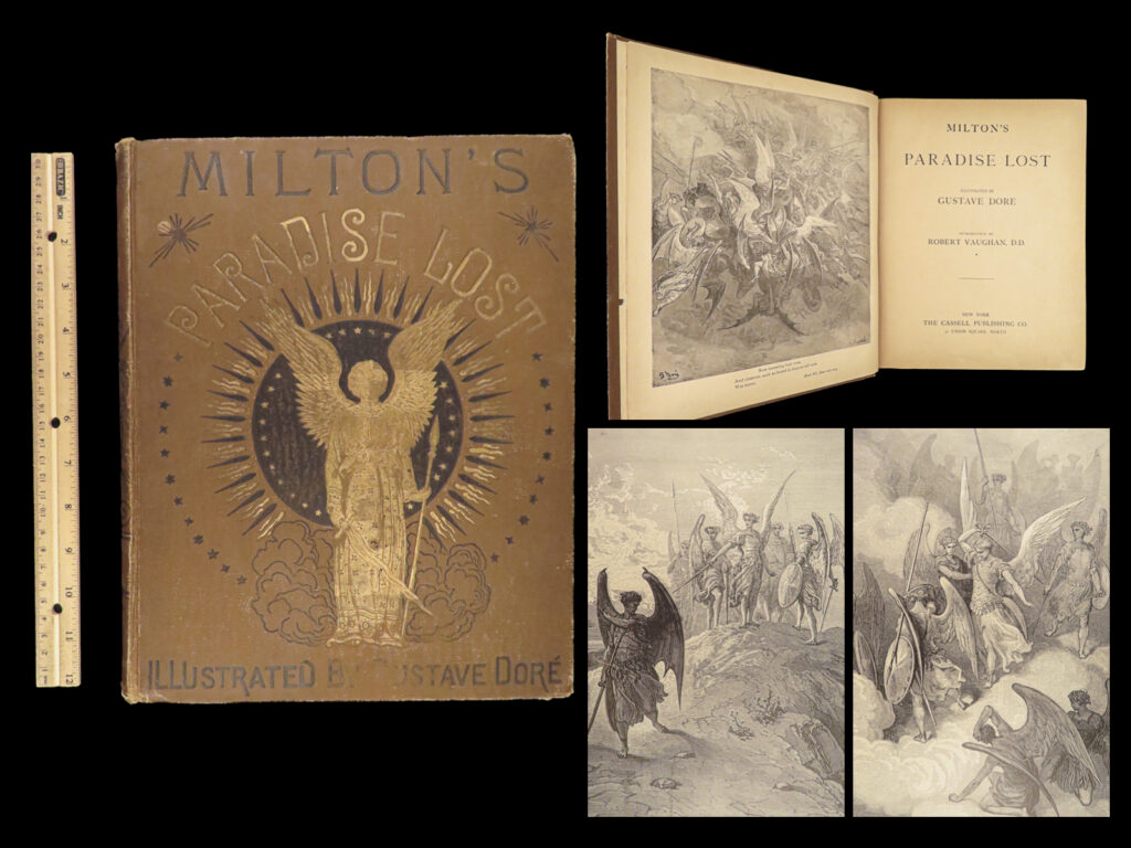 1890 john milton paradise lost gustave dore gallery illustrated folio literature | <em>“the mind is its own place, and in itself can make a heav’n of hell, a hell of heav’n. ” </em> – milton, ‘<em>paradise lost’</em> <em> </em> “<em>when cassell saw the dore bible, they personally approached dore to do milton</em>” (malan, <em>gustav dore</em>).   dore established himself as a prolific 19<sup>th</sup>-century illustrated and artist and the demand for his work was escalating. Thus, this later undated edition is valuable and desirable much like many of the other titles dore illustrated. “gustave dore, it has always seemed to me, was a motion-picture art director born before his time. ” (harryhausen)   this fine cassell edition of milton’s ‘<em>paradise</em> <em>lost’</em> contains 48 full page illustrations by dore!   item number: #23983 price: $499
