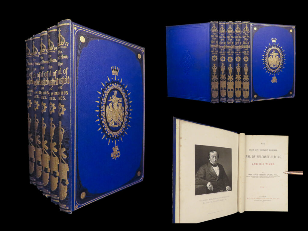 1882 exquisite benjamin disraeli earl of beaconsfield british politics ewald 5v |   benjamin disraeli was a 19<sup>th</sup>-century british politician, most famous today for the bitter hatred between himself and his political rival william gladstone. He helped establish the modern conservative party and played a critical role in the 1867 reform act. Author alex ewald published a biographical account of his life and times shortly after his death, a five-volume commemorative set with engraved plates.