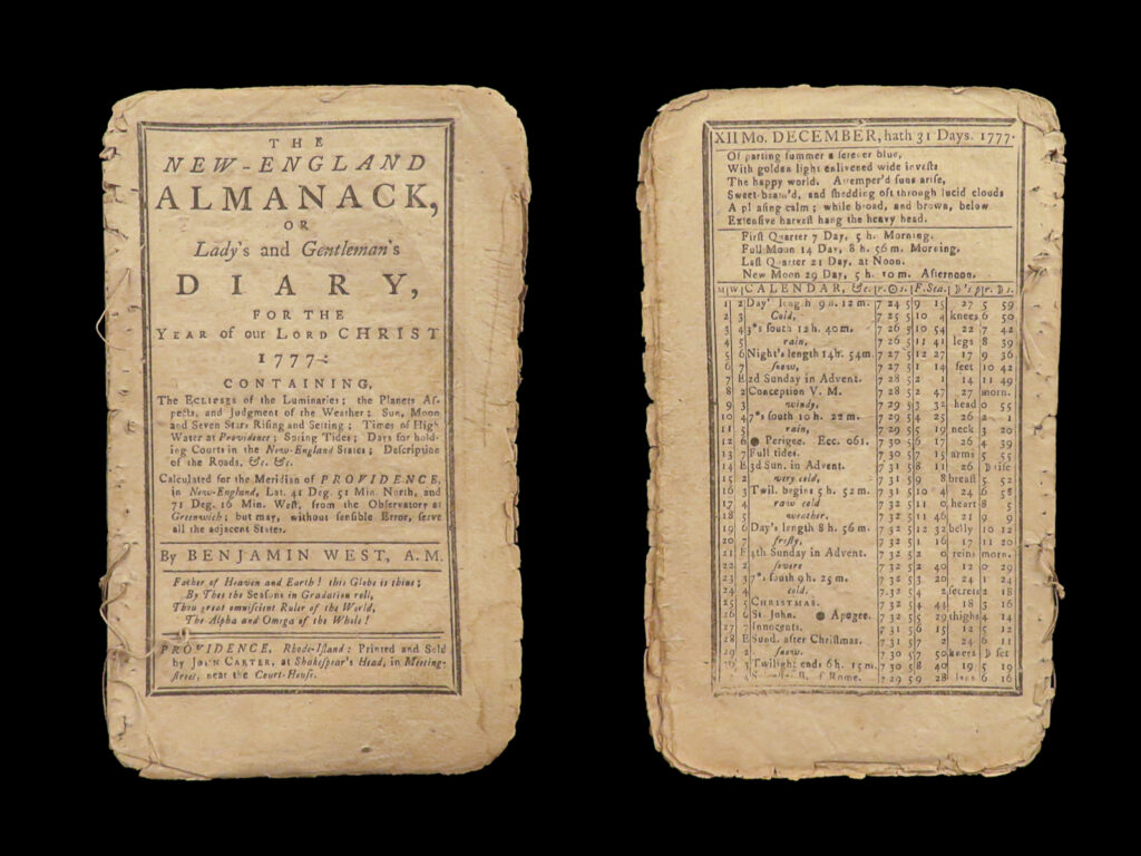 1777 new england almanac 1ed rhode island astronomy revolutionary war printing | benjamin west’s “<em>new england almanac</em>” is a rare, early american periodical. Published in the 18<sup>th</sup>-century, this short work was published to provide descriptions of astronomical phenomena in rhode island – eclipses, planetary motion, weather judgments and predictions, coastal tides, and even descriptions of rhode island roads. Item number: #27768 price: $599