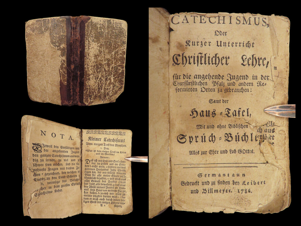 1786 heidelberg catechism early american bible reformed germantown pennsylvania | a rare american edition of the heidelberg catechism, published in 1786 germantown, pennsylvania.   this important protestant treatise was written in the 16<sup>th</sup>-century as a way to supplement teaching reformed christianity, calvinistic doctrine. It outlines the fall of man, redemption of sin, justification of faith, and gratitude to be shown for that forgiveness. Scripture references are used throughout, along with important christian sacraments and ceremonies.   books published in 17<sup>th</sup>-century america are always rare and valuable – this work especially, published shortly after the end of the revolutionary war!   item number: #27689 price: $599