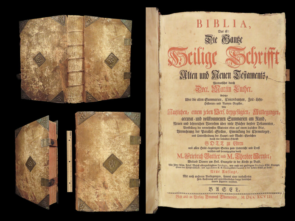 1798 enormous luther bible thurneysen basel switzerland german biblia woodcuts | a rare, 18<sup>th</sup>-century martin luther german holy bible printed in basel. Luther bibles have always maintained their popularity throughout the centuries both in german and non-german speaking areas. This enormous 1798 basel edition was published by thurneysen and features both the old and new testaments along with the apocryphal books.   note the impressive woodcut illustrations in this tome. The tower of babel and the engraving of noah’s ark are especially desirable.   item number: #27050 price: $1250  