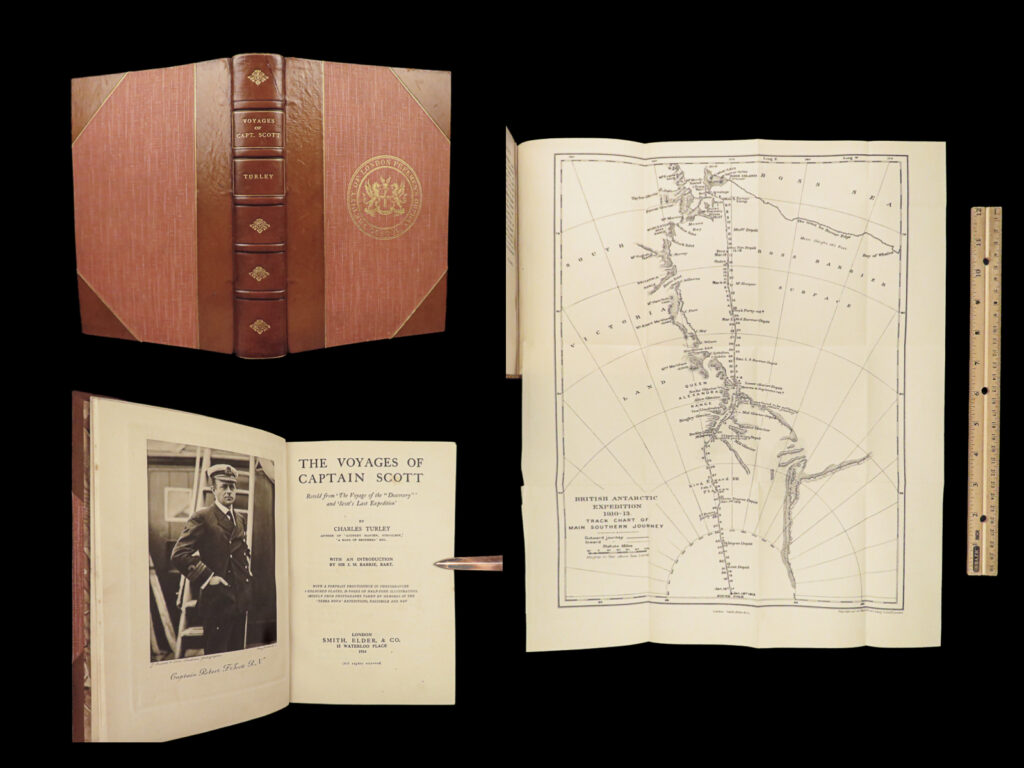 1914 arctic 1ed antarctic voyages of robert scott antarctica expedition map | robert falcon scott was a famed british explorer who is most famous for his early 20<sup>th</sup>-century expeditions to antarctica. The second expedition, also known as the terra nova expedition, proved to be a highly important journey even though scott died before the end. On this excursion, scott and his crew discovered fossils of plants on antarctica, seemingly proving that parts of antarctica were joined to other continents.   this 1914 first edition of charles turley’s “<em>voyages of captain scott</em>” is an important account of scott’s antarctic voyages. Much of this book was based on scott’s own notes from both the <em>discovery</em> expedition and the <em>terra nova</em> expedition. It also contains truly impressive full and double-page engravings throughout.   item number: #27498 price: $750