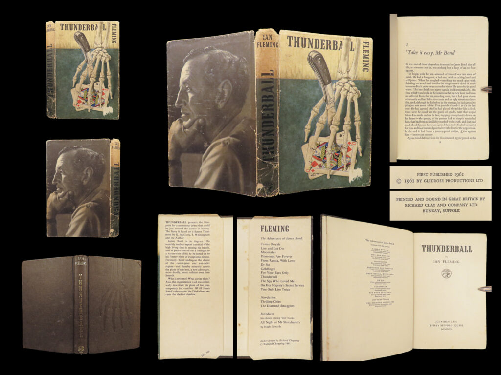 1961 james bond 1st ed thunderball ian fleming novel 007 atom bomb spectre |   the james bond series focuses on a fictional character created in 1953 by writer ian fleming (1908 – 1964), who featured him in twelve novels and two short-story collections. ‘<em>thunderball</em>’ was written in 1961 centering around the theft of two atomic bombs. ‘<em>thunderball</em>’ was released in 1965 with sean connery as james bond, and the second adaptation, ‘<em>never say never again</em>,’ was released as an independent production in 1983 also starring connery as bond. "thunderball represented a new departure [for the bond series], with the introduction of spectre and of ernst blofeld, a commanding villain who was to reappear. This gave a measure of continuity to the later bond novels thunderball worked well as an adventure story the theme of the theft of atom bombs seemed pertinent and modern" (black, 49, 55) <em> </em> this 1961 first edition includes the embossed skeletal handprint on the front cover board. <em> </em> item number: #31003 price: $750