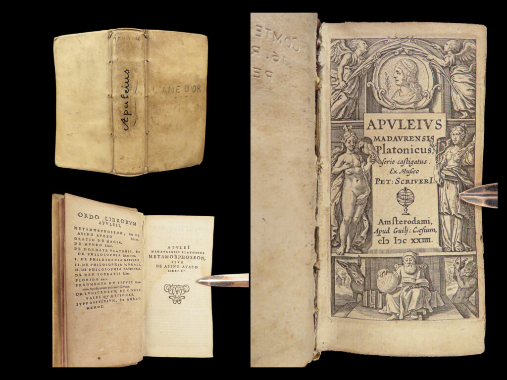 1624 apuleius metamorphoses magic socrates & plato philosophy florida golden ass |   apuleius’s ‘<em>metamorphoses’</em>, also known as ‘<em>the golden ass</em>,’ is the only ancient roman novel to exist complete as it was originally written. This work is a collection short tales following lucius and his curios desire for magic. Apuleius describes interesting and bizarre encounters including sword swallowers, evil witches and bodily dismemberment, notes of mythological gods, daring escapes, and adventure.   this collection of the works of apuleius was edited by peter schriver and published by caesius in amsterdam. Other works included in this small book include: <ul> <li>“florida”</li> <li>“on the god of socrates”</li> <li>“on plato and his doctrine”</li> <li>“de mundo”, or “on the universe”</li> <li>“on magic” <ul> <li>apuleius was accused of using magic – he used this book to refute the claims by proving these ‘magic claims’ were indeed his own science experiments</li> <li>it also contains descriptions of the life of apuleius as well as notes life in africa during apuleius’s lifetime. </li> </ul> </li> </ul> <em> </em> item number: #27691 price: $750  
