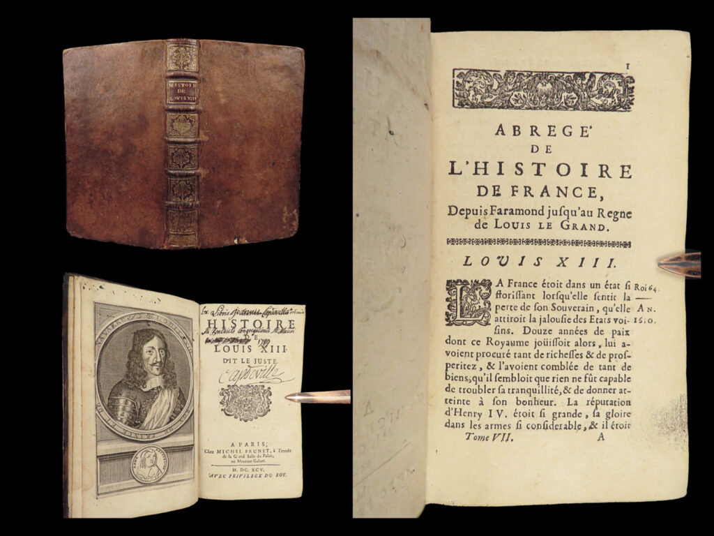 1695 king louis xiii of france 1ed cardinal richelieu thirty years war riencourt | louis xiii, also known as louis the just, was a 17<sup>th</sup>-century king of france. While not considered as prolific as his son louis xiv, louis xiii, alongside his advisor cardinal richelieu, was best-known for his disbanding of private duels as well as the razing of numerous huguenot strongholds.   author simon de riencourt published an authoritative account of the life of louis xiii – an account written in the 17<sup>th</sup>-century! Other accounts of louis xiii’s life are more easily available, in fact, most of them are 18<sup>th</sup>-century printings. Riencourt’s “<em>history of louis xiii</em>” is a rare work of the history of 17<sup>th</sup>-century french royalty written during the same time period!   item number: #27683 price: $499