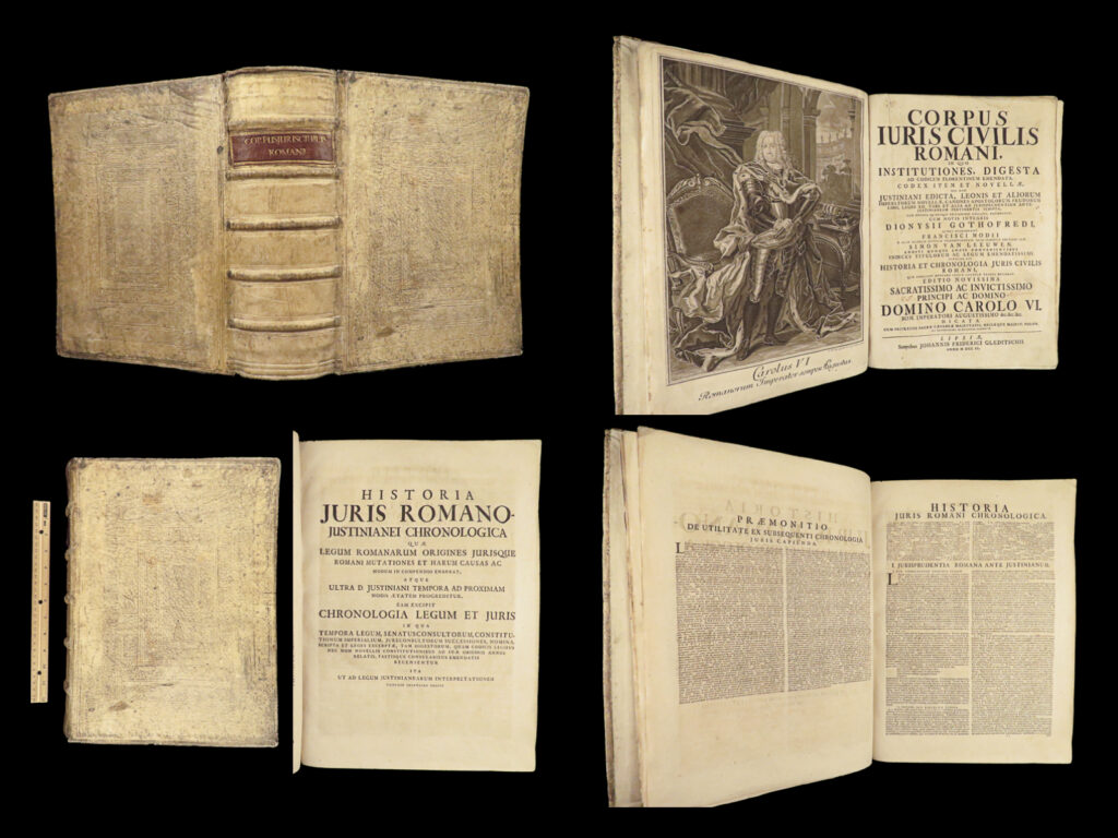 1740 justinian law corpus juris civilis codex digest godefroy commentary huge | “<em>freedom is the natural ability of everyone to do what he likes, unless it is prohibited by law or by force</em>. ” ― justinian i   justinian’s ‘<em>corpus juris civilis’</em> is unquestionably the fundamental work on law and jurisprudence! Parts of this work were originally intended to be used by law students, but they were not solely used as a textbook – they carried legal weight …as law! It includes four distinct parts – codex, digest, institutes, and novellae – each written with a different purpose.   ‘<em>digest’</em> or ‘<em>pandectae’</em> is a collection of juristic treatises taken from various legal writings of ulpian and paulus. ‘<em>codex’</em> was the justinian’s attempt at organizing the laws in a systematic manner. Following the successes and legal implications of codex and digest, ‘<em>novellae constitutiones’ </em>or<em> ‘new constitutions’</em>, was written after 534ad. These new laws were enacted following justinian’s reign, and, while credited to justinian, were compiled by several other politicians and legal scholars.   the godefroy editions of this iconic work were influential in the law field well into the 20<sup>th</sup>-century. While godefroy was known as a jurist, his fame came from his edition of the ‘<em>corpus’</em>, which went through dozens of editions into the 18<sup>th</sup>-century. This <strong><u>huge 1740 edition</u></strong> was dedicated to holy roman emperor charles vi whose portrait.   item number: #27144 price: $750