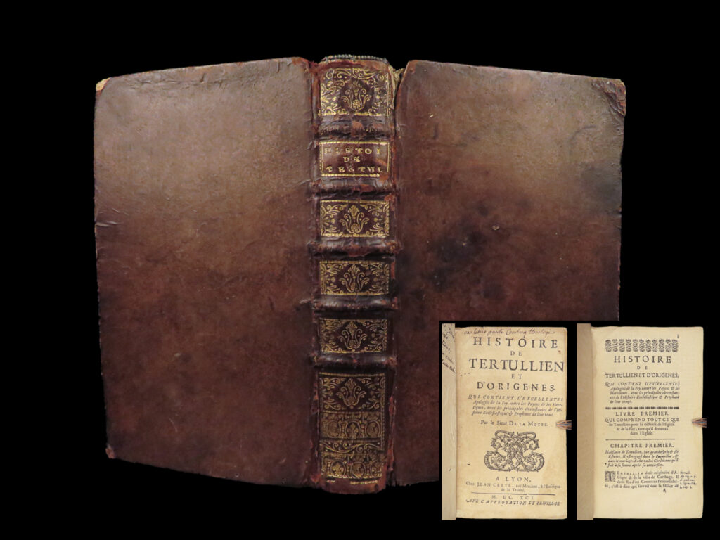 1691 tertullian & origen apologetics early church apologetics pagan heresy bible | <em> </em> <em>“truth persuades by teaching, but does not teach by persuading. ” </em> ― tertullian <em> </em> tertullian was a 2<sup>nd</sup>-century early christian church author and apologist. His works helped establish western theology and early church doctrine. He emphatically defended christianity against pagans as well as defended ‘freedom of religion’ as human right unable to be taken away. One of his important apologetics was an anti-jewish treatise to counteract gnosticism and other philosophically based doctrines.   in the 17<sup>th</sup>-century, author petrus motta, also known as pierre du fosse, published an apologetic treatise against paganism and heresy written through the lens of the history of tertullian and origen. Motta also describes the state of the church in the 2<sup>nd</sup> and 3<sup>rd</sup> centuries with events from both the secular and ecclesiastical world.   item number: #27643 price: $499