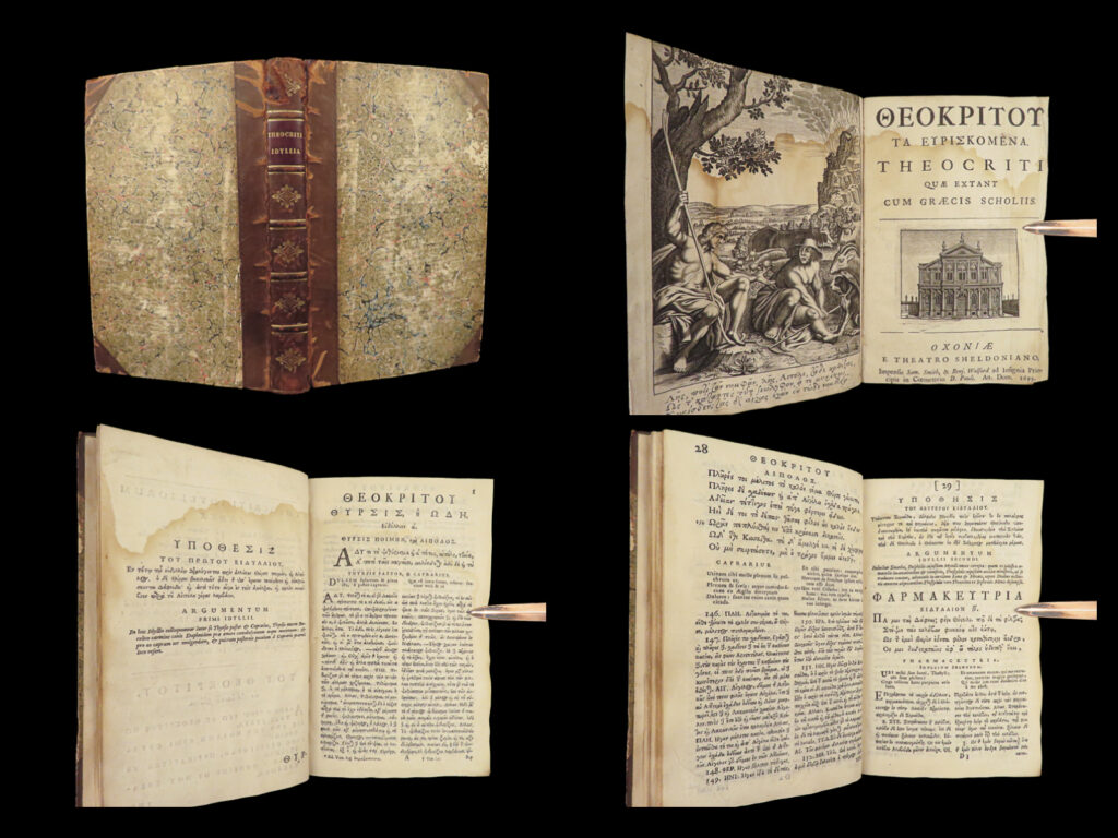 1699 idylls of theocritus 1ed ancient greek poetry latin & greek scaliger oxford | <em> </em> theocritus was a 3<sup>rd</sup>-century bc greek poet best known for writing pastoral poems. In fact, his idylls are considered to be the first pastoral poems. They are still widely read today, much in part to fine 17<sup>th</sup>-century examples such as this 1699 oxford printing. This particular edition is considerably noteworthy – it features both latin and original greek texts with translations and annotated notes by joseph scaliger, isaac casaubon, and daniel heinsius.   item number: #27661 price: $499