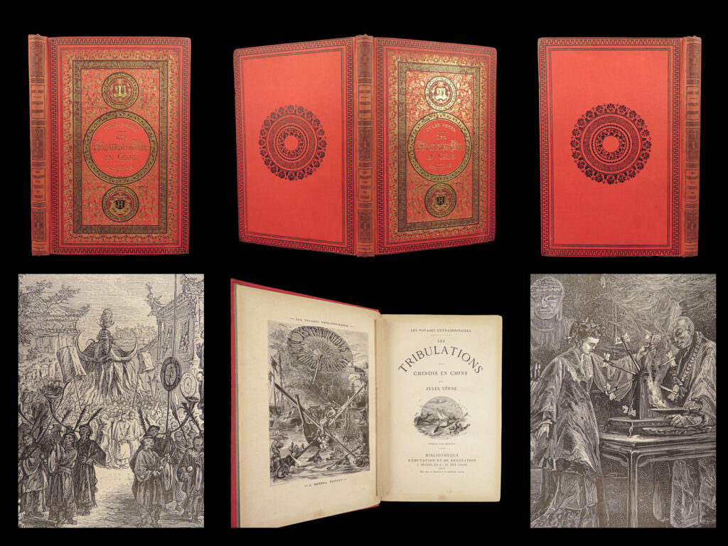 1881 jules verne tribulations of chinaman china opium extraordinary voyages early | <em>“in a very real sense, jules verne is one of the pioneers of the space age. ”</em> ― frank borman, <em>daytona beach morning journal, </em>1969. <em> </em> a rare first edition of jules verne’s “<em>tribulations of a chinaman in china</em>”. The first edition was published in 1879 and is part of verne’s famous “<em>extraordinary voyages</em>”. This book is similar in style to ‘<em>around the world in eighty days</em>’ but is known to be more humorous than his best-known novel. This book discusses, in a satirical view, the british trading opium in china and is filled with illustrations depicting adventures, shipwrecks, and sea battles. <em> </em> this illustrated french edition was the first issue to include the ‘jv – jh’ initials on the front cover. Note that the 1881 edition dating is found in the ads at the end, much like all early editions of verne. <em> </em> item number: #23847 price: $750  