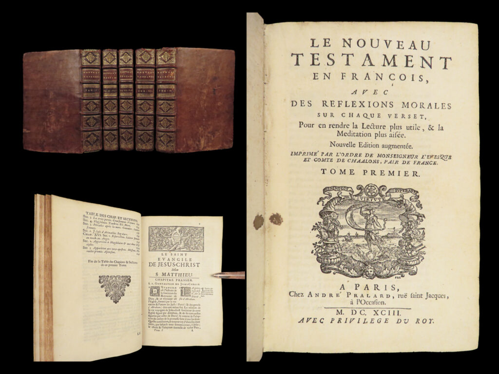 1693 quesnel french nt bible commentary jansenism banned 4v antioch provenance! |   pasquier quesnel was a 17<sup>th</sup>-century french jansenist best-remembered for his commentary on the new testament. This commentary was written to push jansenist theology and doctrine which, unfortunately, seemed to form numerous phrases that were <strong>considered heretical by the catholic church</strong>. This french edition of the new testament includes quesnel’s commentary, published in five tomes.   this particular example is notable for the important provenance. This book features a bookplate of “comte d’antioche”. The principality of antioch was established during the crusades in the 11<sup>th</sup>-century in syria. At the end of 15<sup>th</sup>-century, the antioch family settled in england near nernier.   item number: #27655 price: $950