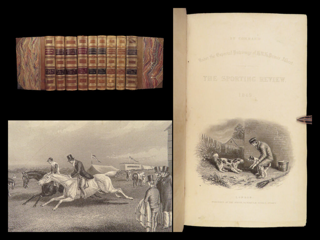 1849 hunting racing fishing shooting equestrian horse racing 9v sporting review | “<em>the sporting review</em>” is a rare 19<sup>th</sup>-century periodical of essays and articles on hunting and shooting, racing, hunting hounds, big game, fishing, and much more. Edited by john carleton, these works contain impressive full-page engravings!   item number: #26265 price: $750