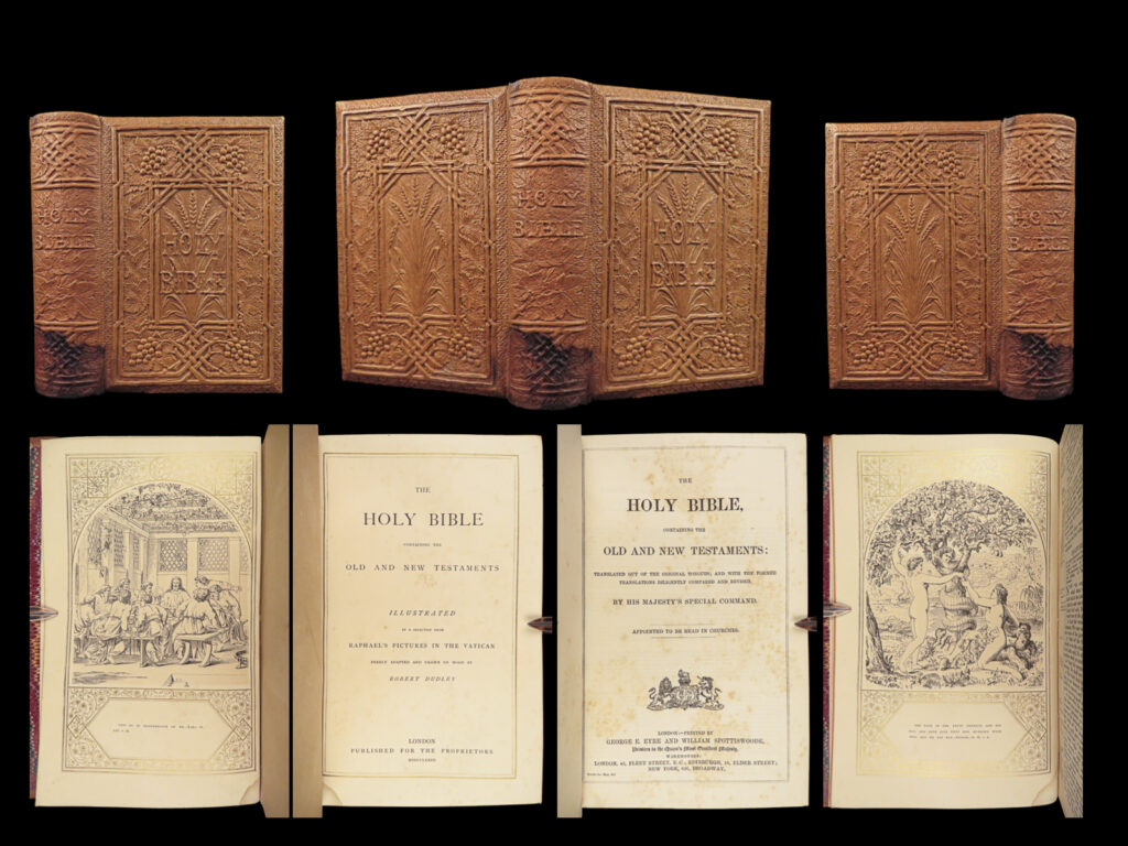 1873 rare relievo leather 1ed holy bible owen jones embossed binding raphael art | an exquisite and highly desirable 19<sup>th</sup>-century english bible bound in owen jones relievo leather!   published in 1873, this edition is notable for including engravings of the art of raphael’s famous old testament paintings each of which was adapted and drawn by robert dudley. In addition to the engravings, the binding of this tome was bound in the highly collectable <em>relievo leather</em>, deeply embossed with a border depicting holly berries and leaves.   item number: #27390 price: $750