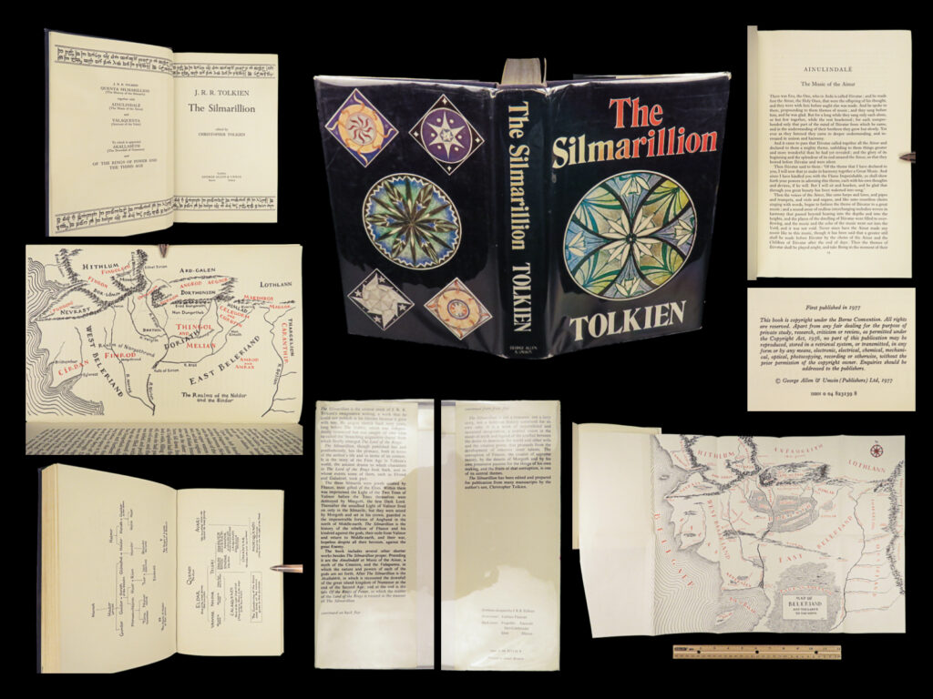 1977 jrr tolkien 1ed silmarillion lord of the rings middle earth + map & dj | <em>"all have their worth and each contributes to the worth of others. ”</em> – j. R. R. Tolkien, <em>the silmarillion</em> <em> </em> perhaps the best known, modern epic is none other than j. R. R. Tolkien’s ‘<em>the lord of the rings</em>’; a work that has become one of the most popular works of fantasy literature ever written. The success of tolkien’s fantasy world involving hobbits, dragons, monsters, and battles begins with the story of the hobbits in ‘<em>the silmarillion</em>. ’ <em> </em> this 1977 first uk edition is an extremely popular title and highly coveted by literary collectors and ‘lotr’ enthusiasts alike. It features a large folding map of middle earth, an incredible inclusion by tolkien himself.   item number: #25563 price: $499  