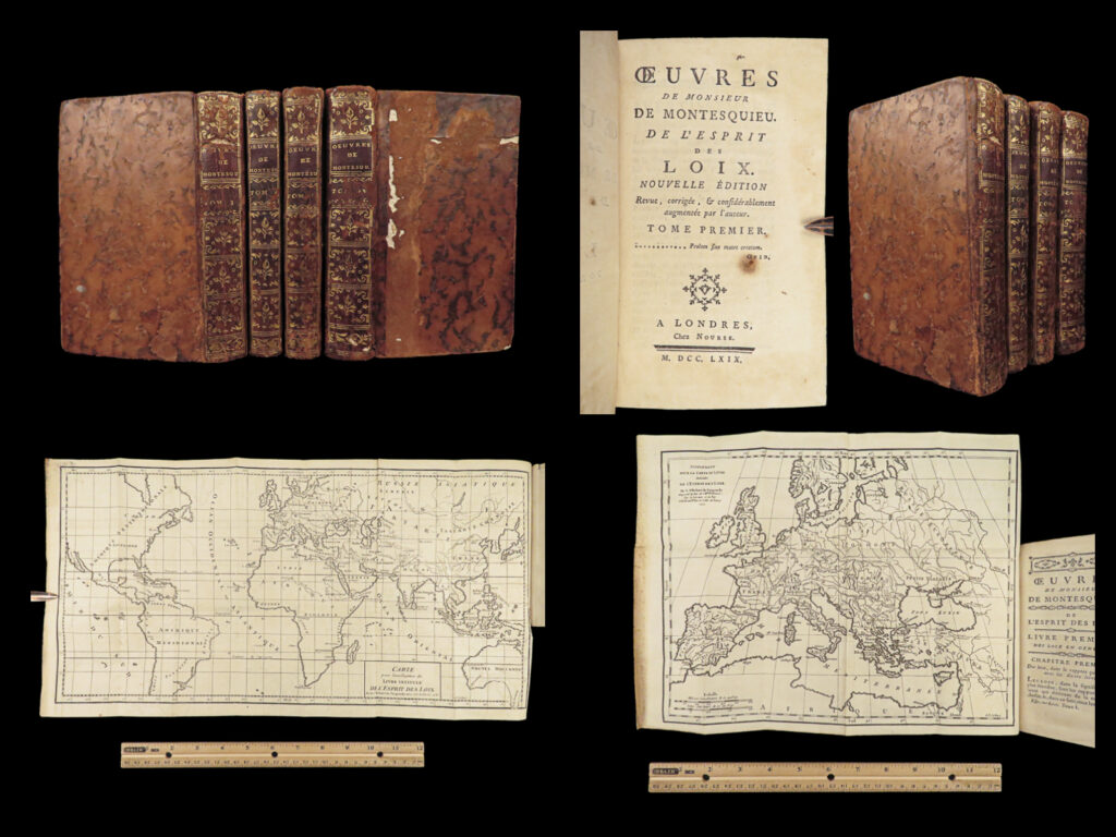 1769 montesquieu spirit of the laws maps political government democracy law 4v | <em>“useless laws weaken the necessary laws. ” </em> ― montesquieu<em>, the spirit of the laws </em> <em> </em> charles-louis de montesquieu’s ‘<em>spirit of the laws’</em> is one of the most famous treaties ever written, especially on political theory. This work was so influential that world leaders such as catherine the great and the united states founding fathers applied the methods taught in this book to their culture’s future. This famed work found itself on the infamous ‘<em>prohibited book index’</em> in 1751 even though it was well-respected and well-read around the world.   montesquieu lists a few major points in his work; points that have resonated with government for centuries. These include: <ul> <li>separation of power</li> <li>liberty and democracy are one in the same</li> <li>the point of civil and criminal law is to ensure personal security</li> <li>qualities and flaws of governmental types</li> </ul>   this 1769 french edition was published in as part of the complete works of montesquieu.   item number: #27809 price: $750