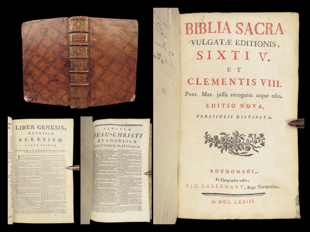 1773 holy bible vulgate biblia sacra catholic church pope clement viii rare |   a rare 18<sup>th</sup>-century vulgate biblia sacra published paris.   published in 1773, this edition features the old and new testament books as well as the apocryphal books at the end of the old testament. It also features a memoriam of pope clement viii.   item number: #27881 price: $499