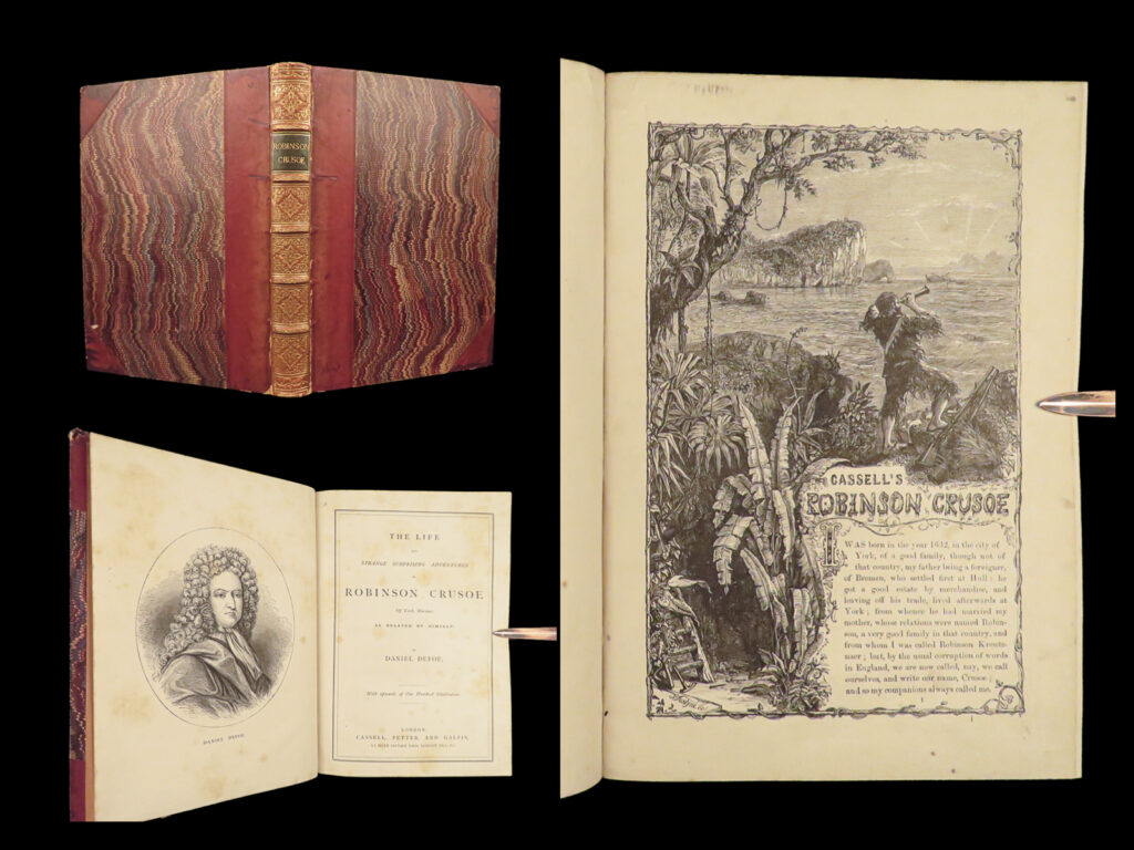 1876 robinson crusoe adventures daniel defoe shipwreck illustrated fine binding | <em>“it is never too late to be wise. ” </em> <em>― </em>daniel defoe<em>, robinson crusoe</em> <em> </em> <em>“one of the most beautiful travel books in figures of the eighteenth century. ” </em>(gumuchian) <em> </em> called the original adventure novel, robinson crusoe was originally published in 1719 and depicts the life of a castaway who learns to survive on an island for decades. However, while it saw substantial success with the masses, there were still those that were not impressed. For instance, charles dickens said, “... Robinson crusoe should be the only instance of a universally popular book that could make no one laugh and could make no one cry. ”   leather-bound editions of ‘<em>robinson crusoe’</em> are considerably rare and this cassell and petter edition is no exception. It is beautifully bound in decorative red leather with marbled boards. Note that each page of this edition features a decorative boarder with countless illustrations throughout – truly a remarkable, eye-catching example of one of the most famous pieces of british literature.   item number: #27399 price: $599
