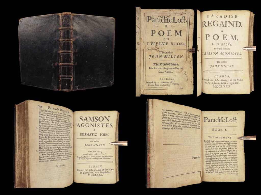 1678 paradise lost very rare & early john milton + regained 3-in-1 poetry english | a rare 17<sup>th</sup>-century printing of john milton’s most famous work,<em> paradise lost </em>paired with <em>paradise regained</em>. <em>paradise lost</em> follows the biblical story of the fall of man and the temptation of adam and eve. Milton himself states that purpose for this book was to “justify the ways of god to men”. It covers the characters adam, eve, and satan and the roles each played in the development of religious culture and idolatry. Item number: #27899 price: $2950  