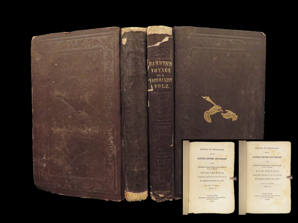 1846 charles darwin 1ed evolution voyage hms beagle fossil journal researches 2v | <em> </em> <em>“one general law, leading to the advancement of all organic beings, namely, multiply, vary, </em><strong><u>let the strongest live and the weakest die. ”</u></strong> ― charles darwin,<em> the origin of species</em>   during the 19<sup>th</sup>-century, few scientists and biologists had as significant and long-lasting impact on scientific discovery as charles darwin. His contributions to the science of evolution with natural selection, survival of the fittest, and biological explanation have cemented him as a cornerstone in the world of biology and natural science.   from 1831 to 1836, charles darwin was a part of the second voyage of the hms beagle, a voyage that sought natural science treasures and geological finds. While on the voyage, darwin kept a journal which would later become published as ‘the voyage of the beagle’. He explored the south american land, making theories, finding fossils of extinct animals, and made detailed observations of plants and animals. This voyage, and subsequent <u>book, would eventually lead to his theories of evolution</u>.   this two-volume set features the first american edition of volume one and an early printing of the second volume.   item number: #27065 price: $1500