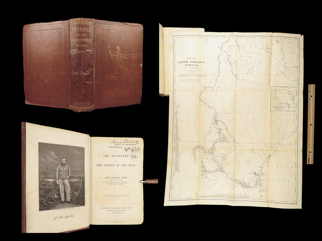 1863 africa 1st ed speke journal of discovery of source of the nile river egypt | john speke’s ‘<em>journal of the discovery of the source of the nile’</em> is a rare, 19<sup>th</sup>-century account of his third african expedition in which he and his crew ventured to confirm his theories about the origins of the nile river. Joined with captain james augustus grant, speke traveled to lake victoria to confirm the nile’s source.   according to the dnb, “the importance of speke's discoveries can hardly be overestimated. In discovering the 'source reservoir' of the nile he succeeded in solving the 'problem of all ages' he and grant were the first europeans to cross equatorial eastern africa, and thereby gained for the world a knowledge of rather more than eight degrees of latitude, or about five hundred geographical miles, in a portion of eastern africa previously totally unknown. ”   item number: #27226 price: $750