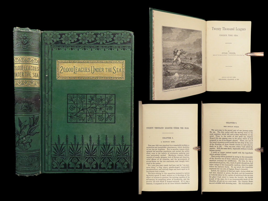 1890 jules verne 20000 leagues under sea french illustrated classic new york | <em> </em> <em>“the sea is only the embodiment of a supernatural and wonderful existence. It is nothing but love and emotion; it is the living infinite. ” </em> <em>― </em>jules verne<em>, twenty thousand leagues under the sea</em>   one of the most popular and famous works of french literature is jules verne’s “<em>twenty-thousand leagues under the sea</em>. ” verne accurately describes features on captain nemo’s submarine (“the nautilus”), which was considered ahead of its time as submarines were in their infancy. <em> </em> this fine edition of verne’s famous work was published in new york.   item number: #27380 price: $499