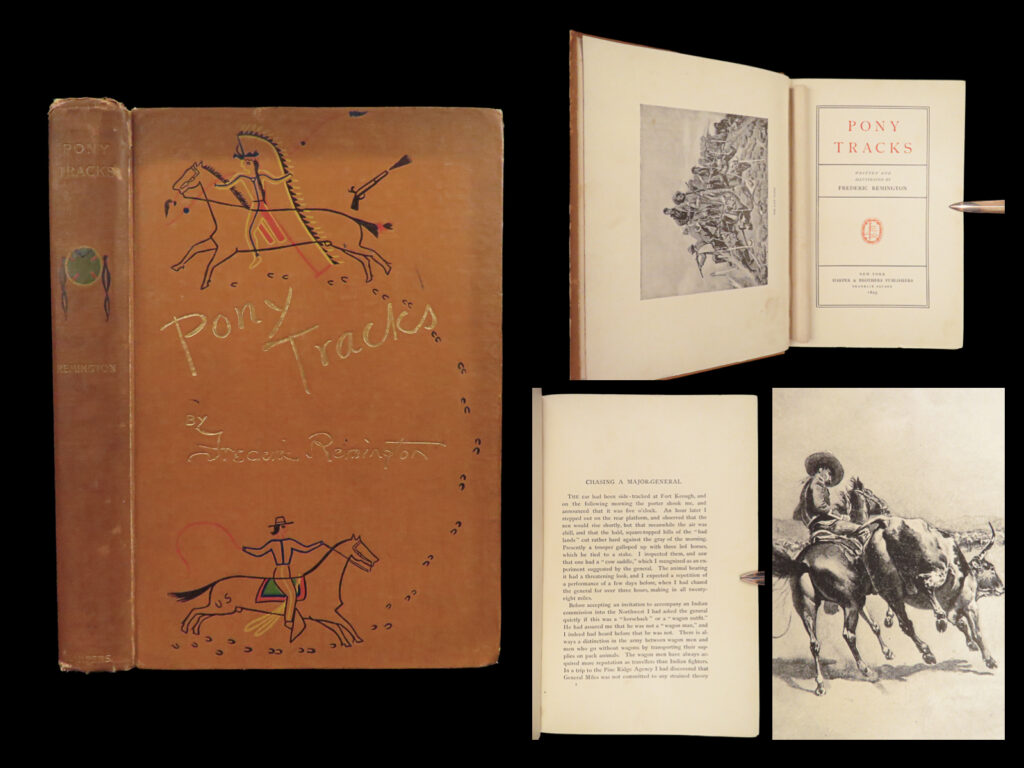 1895 pony tracks 1ed frederic remington indians americana cowboy illustrated | remington was an american artist and writer who focused on the american west, featuring indians, cattlemen, and the u. S. Cavalry. <em> “pony tracks” </em>is a collection of fifteen sketches of army and sporting life, mainly in the western united states and northern mexico written and illustrated by frederic remington during his time with the us cavalry. His sketches include a sioux outbreak in south dakota, a rodeo at los ojos, policing the yellowstone, the colonel of the first cycle infantry, christmas in a sibley tepee, bear-chasing in the rocky mountains, and more!   "the triumvirate of theodore roosevelt, owen wister and frederic remington was foremost" in creating the mythic figure of the cowboy, and establishing the west as a metaphor for america (literary history). <em> </em> this 1895 first edition is illustrated by frederic remington with a frontispiece and 69 full-page black & white plates.