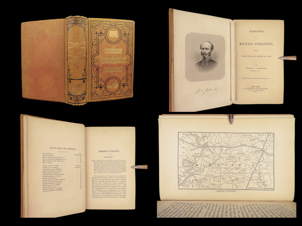 1874 confederate 1ed general joseph e johnston civil war narrative csa military | joseph e. Johnston was a 19<sup>th</sup>-century american army officer who served as a confederate states army general, even though he trained at west point. However, his military acumen was wrecked and constantly criticized by confederate president jefferson davis, with whom johnston was very displeased. Following his service time as a military officer, johnston wrote and published his own memoirs – memoirs which were mostly attacks on president davis and other officers, as well as defending his own actions and decisions during the civil war. <em> </em> <em>‘in tall cotton’ </em>says of this work: “a vigorous defense of his own actions and necessarily, therefore, a hard-hitting attack on others, particularly on president davis against whom he records his objections to excess. ” <em> </em> according to nevins, this work is “one of the earliest confederate reminiscences; strongly partisan, anti-davis, and defensive in tone. ” <em> </em> per eicher, “this is one of the early classic narratives by a senior commanding general of the confederate armies. Bitterly partisan and constructed to attack the credibility of charges brought against him… the estimates of troops are way off… he sometimes confuses events, as with several incidents in the vicksburg campaign. ”