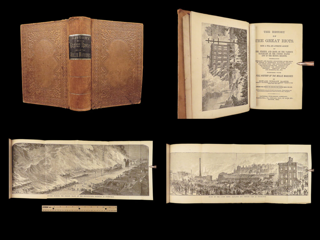 1877 molly maguires riots 1ed pennsylvania coal mining irish immigrants railroad |   the molly maguires was a 19<sup>th</sup>-century secret society who played an important role in the development in coal mining in irish-american pennsylvania. After a series of murders crimes, many members of the molly maguires were executed for their violent crimes. Author james mccabe published an account of riots caused by the molly maguires, as well as the labor issues, strikes, and financial woes of 19<sup>th</sup>-century pennsylvania entitled “<em>history of the great riots”. </em>this work includes impressive illustrated views of the riots.   item number: #27069 price: $399
