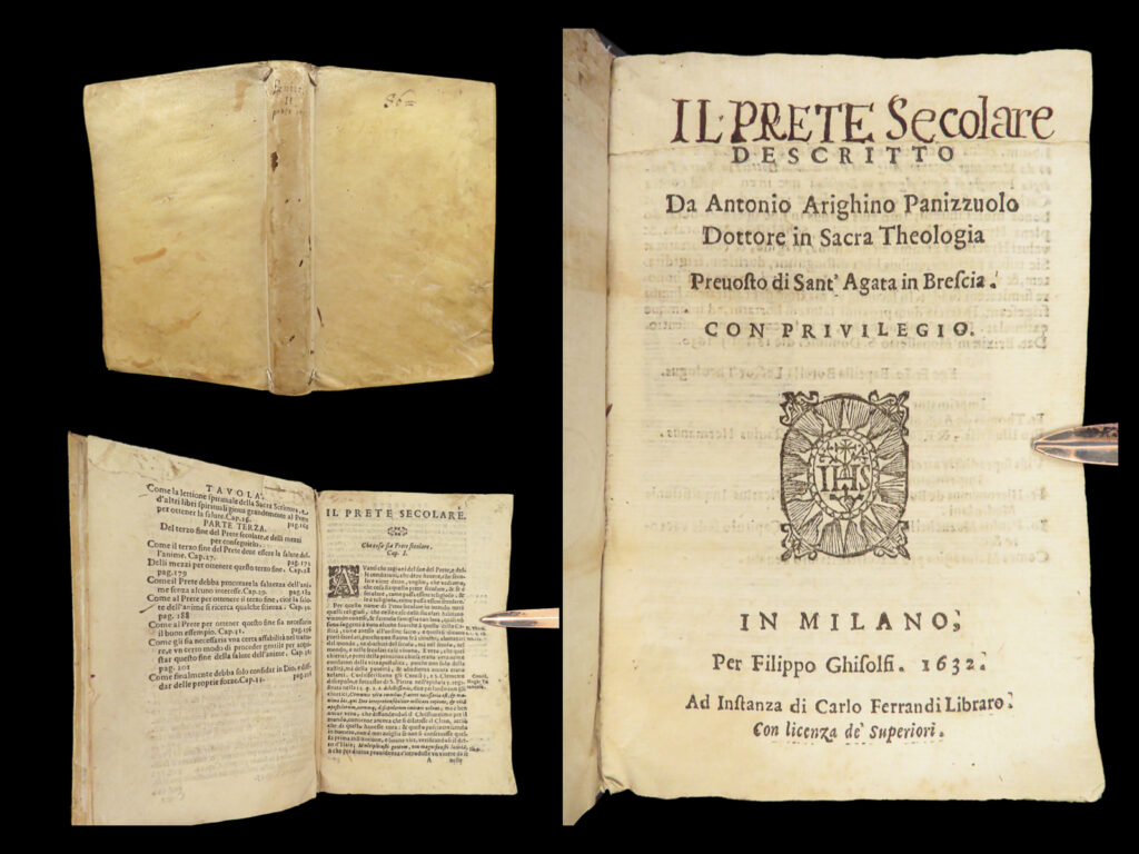 1632 italian monastics 1ed secular priest panizzuolo prete secolare monks nuns | antonio arighino panizzuolo was an early 17<sup>th</sup>-century priest from brescia of whom very little is known. However, a few of his writings survived including “<em>the nun’s clock”, “eye of the soul</em>”, and “<em>the secular priest</em>”. The latter is an examination of the secular priesthood – priests who serve outside of monastic orders or a convent. This 1632 first and only edition was published in milan.   item number: #27979 price: $499